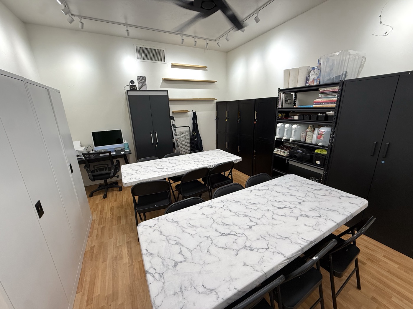 Studio 3B work tables, computer desk and supply shelves